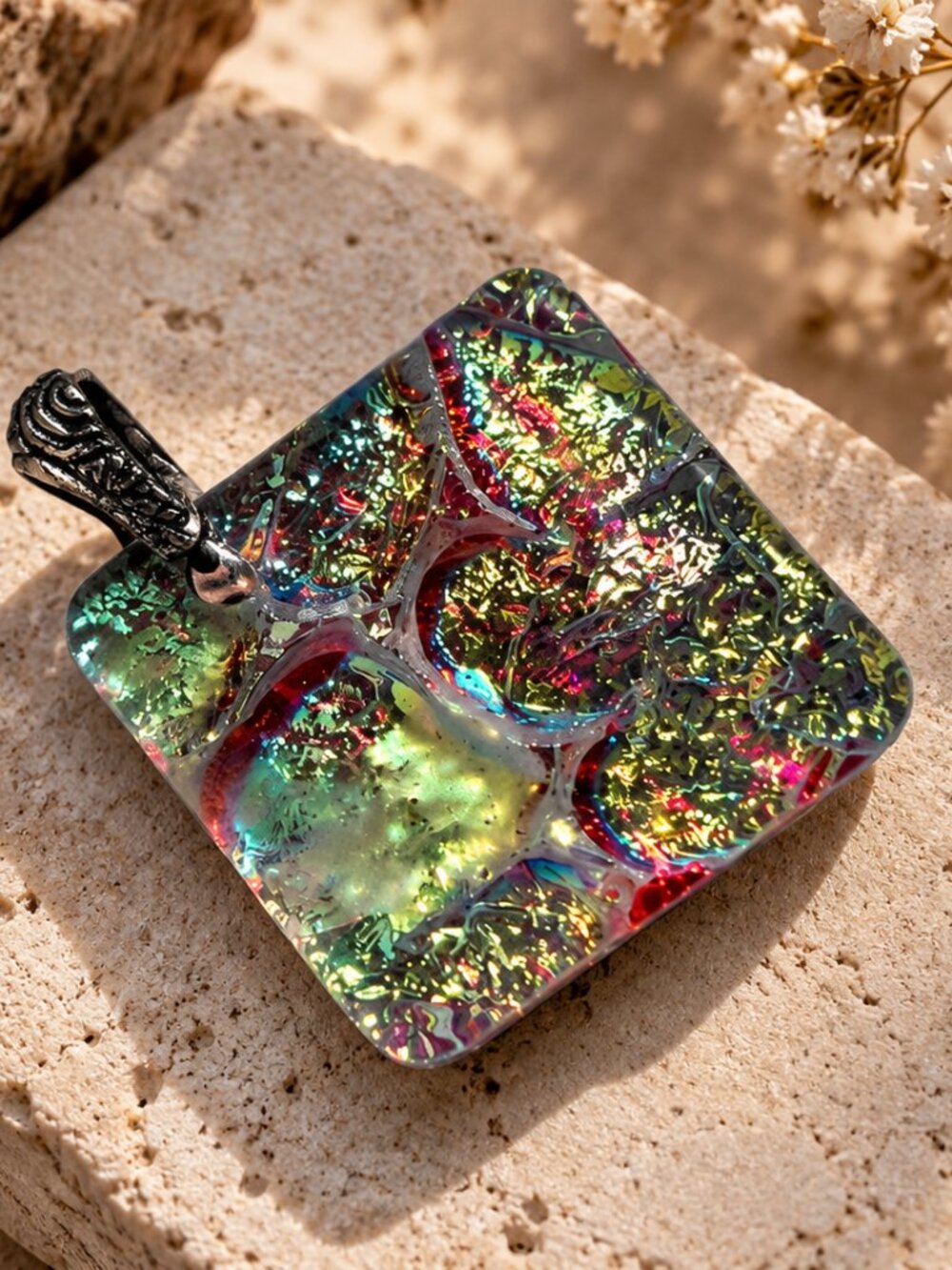 Vintage Dichroic Glass Square Pendant Iridescent Statement Necklace CAD